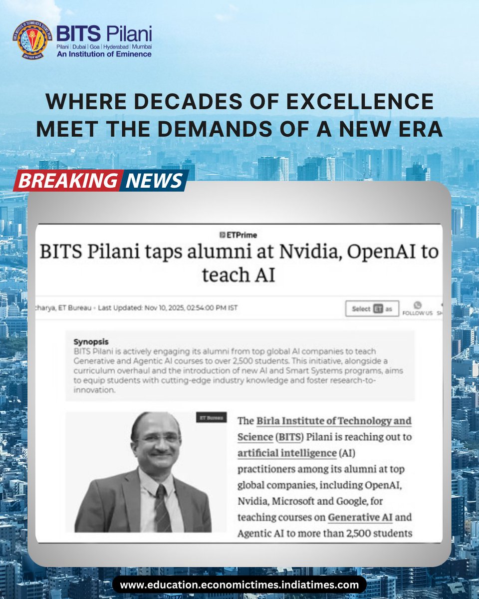 bitspilaniindia's tweet image. #BITSPilani engages alumni from #OpenAI, #NVIDIA, #Microsoft, and #Google to strengthen learning in emerging technologies.

Six #alumni have been #onboarded, with plans to include over 30 more experts, #research scientists, and #PhD scholars from leading #global institutions.…