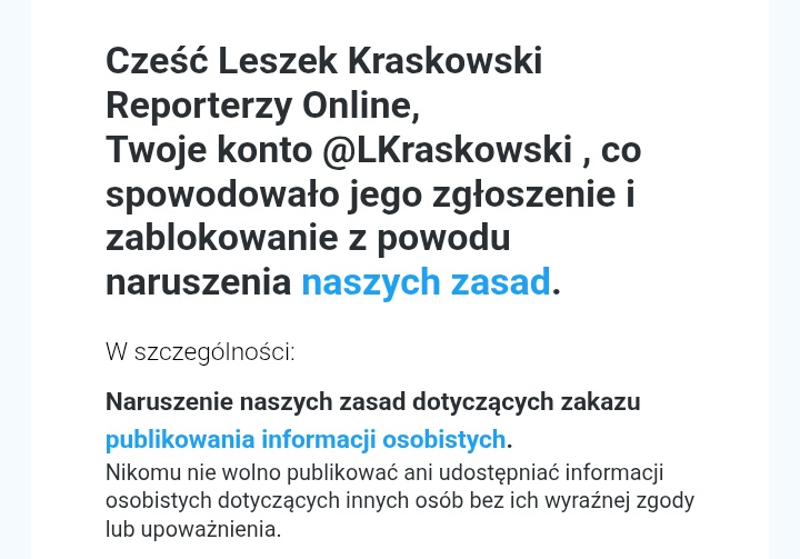 Wróciłem z banicji. 
Jan Piński, czyli PR-owiec Romana Giertycha, złożył na mnie donos do  adminów i zablokował mi konto. 
Otóż opublikowałem "informację osobistą", że jego konkubina przez kilka lat (2011-2017) wynajmowała w Warszawie mieszkanie (sam adres?) firmie-krzak TG,