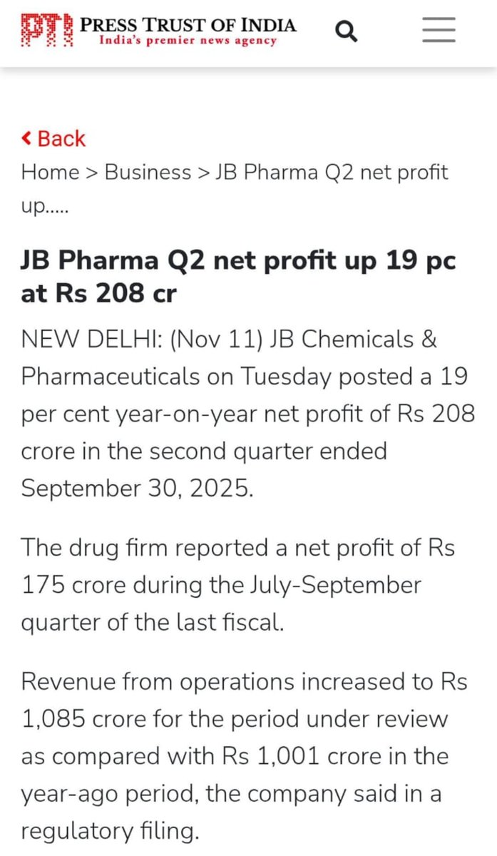 OneJBglobal's tweet photo. Check out JB Pharma’s Q1 FY26 financial results ! We’ve once again sustained strong performance, delivering INR 208 crore in revenue for Q2 FY26, net profit rises 19%.

Read More:
https://t.co/EfQSnHLGr7

#quarterresults #Q2H1FY26Results  #PTI #GoodPeopleforGoodHealth https://t.co/Cc3BddDN4h