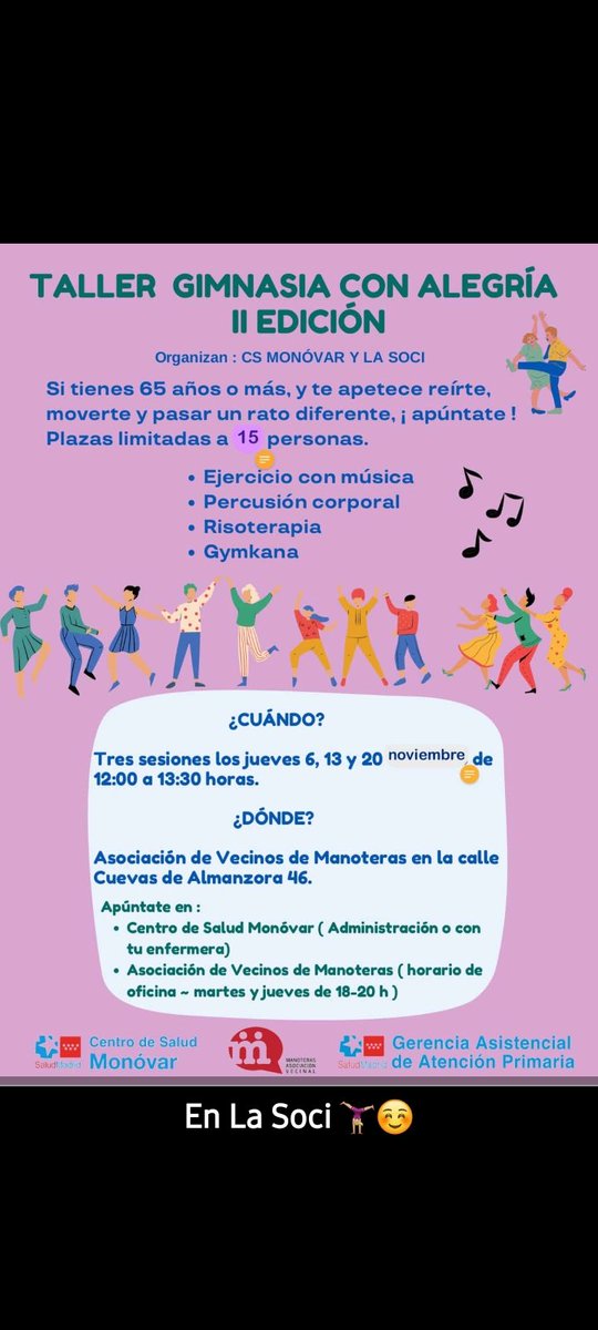 soci_manoteras's tweet photo. 📢Desde @soci_manoteras os recordamos 2 planes muy interesantes para mañana
📆jueves 13 noviembre
🟢Taller
GIMNASIA CON ALEGRÍA
⏰️12:00h
📍#LaSoci
C/Cuevas de Almanzora 46-local
🟣InauguraciónExpo
10 AÑOS DEL HUERTO DE MANOTERAS
⏰️18:30h
📍#CEPADulceChacon
C/Abertura s/n
👇🏾 https://t.co/zPN7xAEvS9