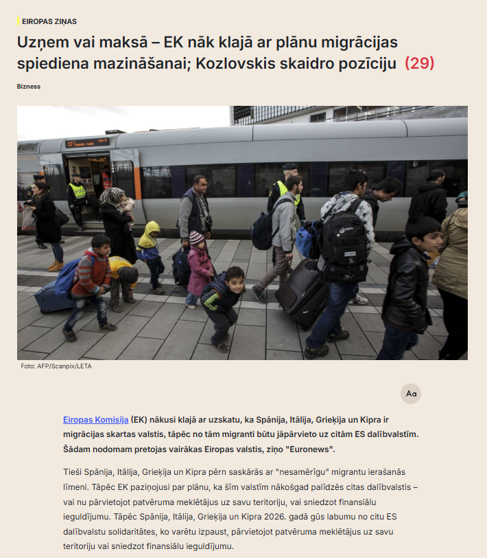 Eiropas Komisija ar klasisku "slikto ziņu" piegājienu – oficiālā brīvdienā Beļģijā – nāk klajā ar migrantu pārdales priekšlikumu: uzņem vai maksā. Latvija iekļauta starp valstīm ar "migrācijas spiediena risku", nevis tām, kuras var prasīt atbrīvojumu no solidaritātes mehānisma