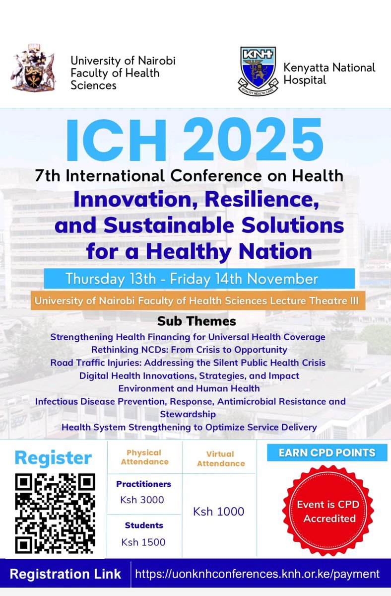 KNH_hospital's tweet image. Mark your calendars! The 7th International Conference on Health Innovation &amp;amp; Resilience (ICH 2025) is starting tomorrow.
Join leading practitioners, researchers, and students at the University of Nairobi to explore sustainable solutions for a healthier nation.