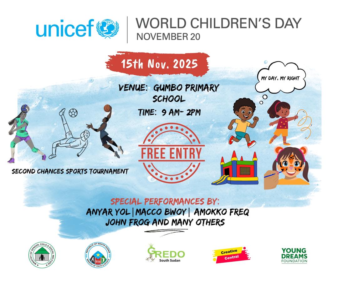 🌍 World Children’s Day 2025! 💙

Join us on 15th Nov at Gumbo Basic Primary School - Shirkat (8AM–2PM) for a day of sports, music &amp; celebration! ⚽🏀🎶

Let’s make it their day, their right! ✨
#WorldChildrensDay #SouthSudan #MydayMyRight