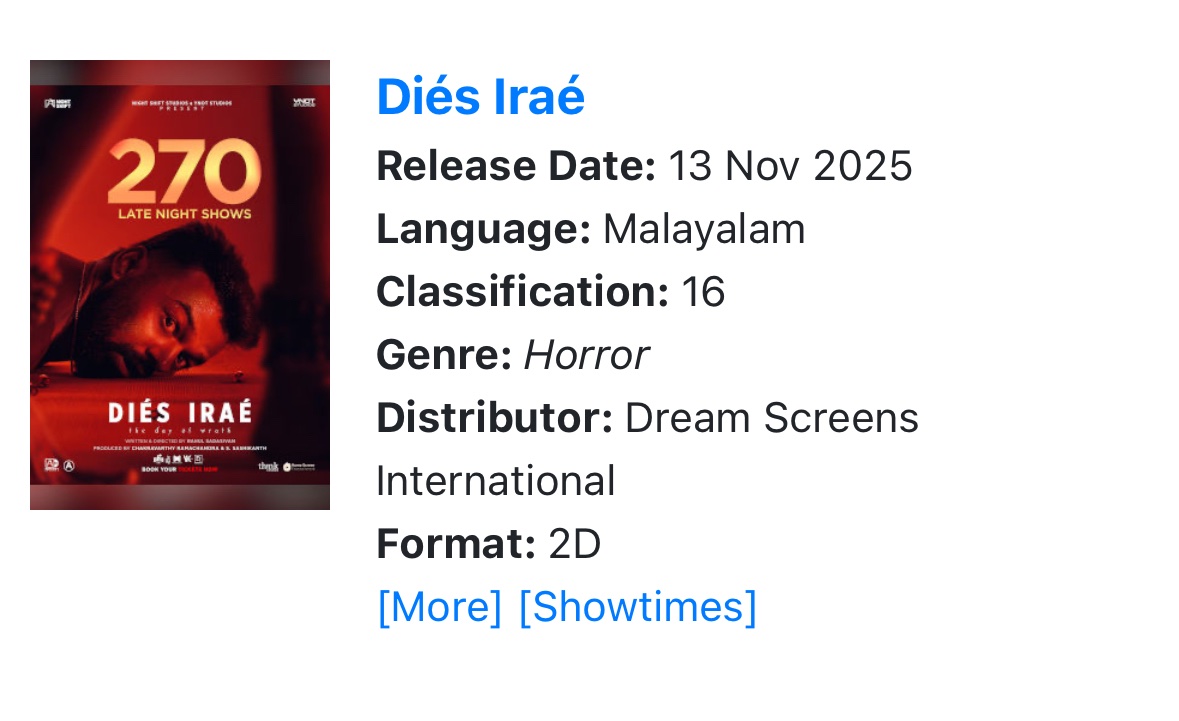 #DIESIRAE set for release in Malaysia Tomorrow onwards

Malaysia 🇲🇾 release by <a href="/DreamScreensInt/">Dream Screens International Pty Ltd</a> 

<a href="/homescreenent/">Home Screen Entertainment</a> <a href="/allnightshifts/">Night Shift Studios LLP</a> <a href="/StudiosYNot/">Y Not Studios</a> <a href="/impranavlal/">Pranav Mohanlal</a> <a href="/Mohanlal/">Mohanlal</a> <a href="/Team_MTU/">MOHANLAL THEATRE UPDATES</a> <a href="/verrakathaigal/">Verra Kathaigal (Different Stories)</a> <a href="/MYRBoxOffice/">Malaysia Box Office</a> <a href="/MalaysiaTickets/">Malaysia Tickets</a> <a href="/JaseelMhd_GOAT/">Jaseel Muhammed</a> <a href="/AbGeorge_/">AB George</a> <a href="/unnirajendran_/">Unni Rajendran</a>