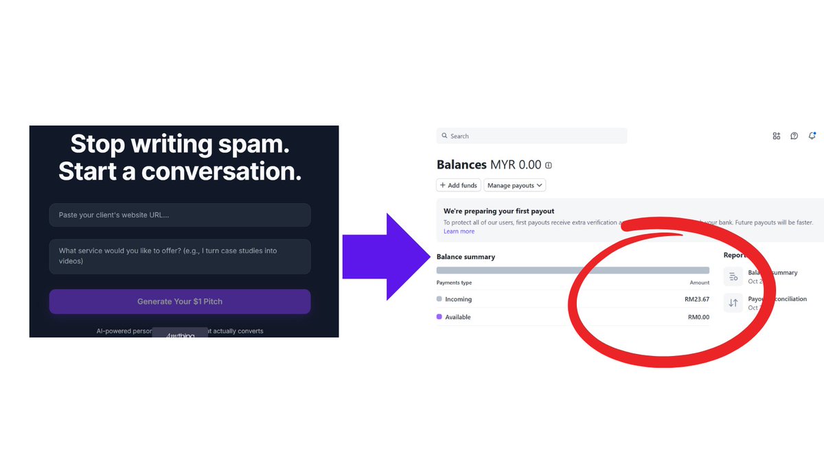 LKBuilds's tweet image. Ain&apos;t just a hackathon entry. This is real revenue hitting my @Stripe account.

RM23.67 generated by &quot;FirstColdEmail.ai&quot; (built in 24h with @anythingai).

Non-technical founder, live payments, AI-powered.

Want to build &amp;amp; earn? 👇 bit.ly/3WLNIyb 
#ContraHackathon
