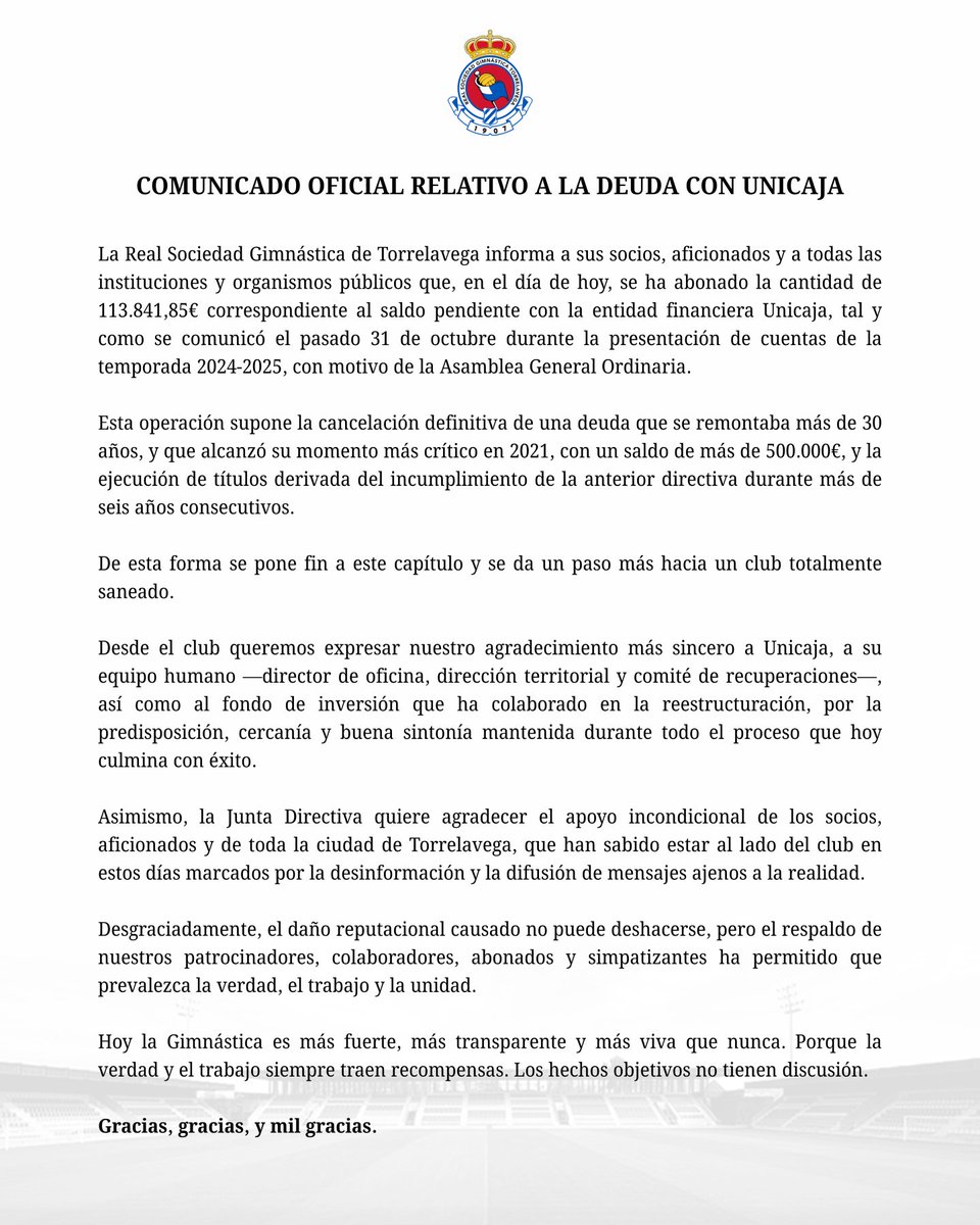 📝 COMUNICADO OFICIAL | Relativo a la deuda con Unicaja

👉🏼 Tras más de 30 años, la #RSGimnástica pone fin a su deuda histórica