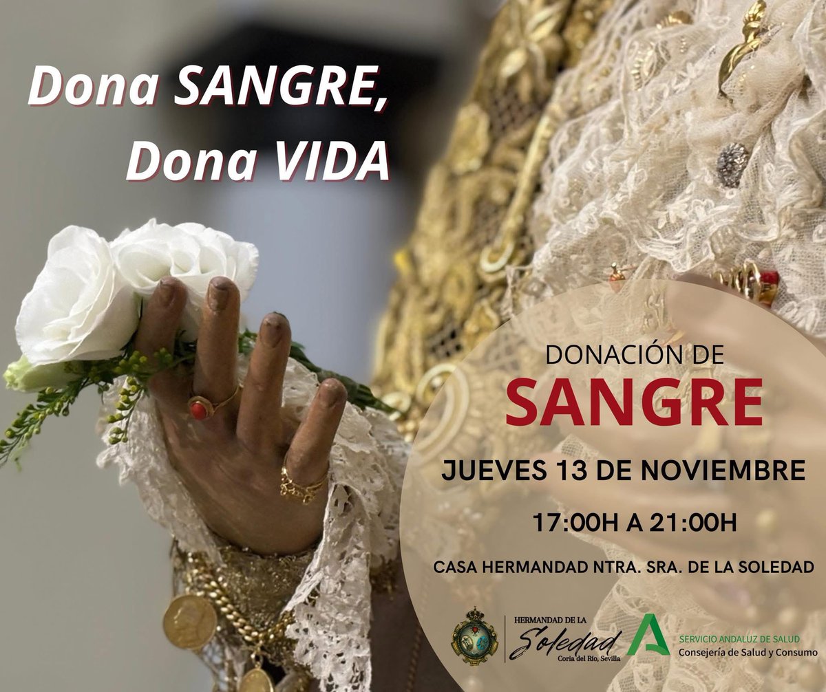 𝐂𝐀𝐌𝐏𝐀Ñ𝐀 𝐃𝐄 𝐃𝐎𝐍𝐀𝐂𝐈𝐎́𝐍 𝐃𝐄 𝐒𝐀𝐍𝐆𝐑𝐄

🗓️ JUEVES 13 DE NOVIEMBRE
🕒 DE 17:00h A 21:00h
📍 CASA HERMANDAD NTRA. SRA. DE LA SOLEDAD (Coria del Río)

“ᴅᴏɴᴀ ꜱᴀɴɢʀᴇ, ᴅᴏɴᴀ ᴠɪᴅᴀ”
