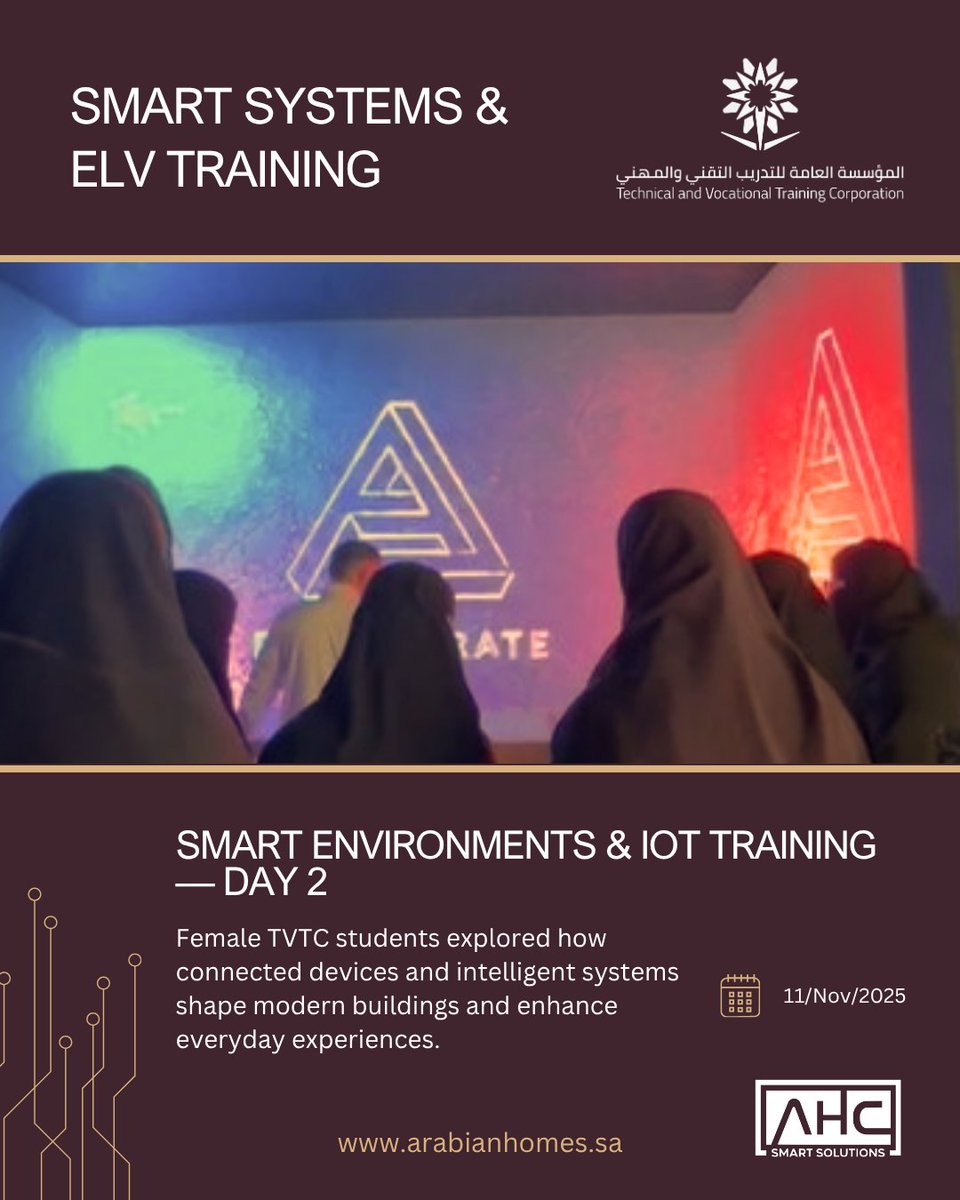 futuronsa's tweet image. A continued journey into the world of Smart Environments and IoT.
Female TVTC students explored how connected devices and intelligent systems shape modern buildings and enhance everyday experiences.
#AHC_SmartSolutions #TVTC #SmartTraining #IoT #SmartEnvironments #SmartSystems