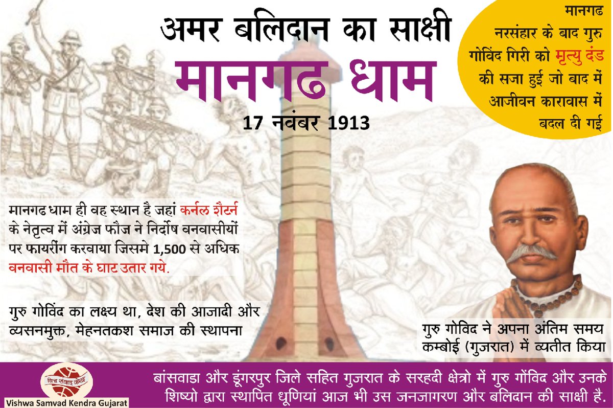 vskgujarat's tweet image. #ManghadDham
अमर बलिदान का साक्षी मानगढ़ -17 नवम्बर 1913
 
मानगढ़ ऐसे अमर बलिदान का साक्षी है, जो विश्व के इतिहास में अनुपम है। पुलिस ने गोलीवर्षा प्रारम्भ कर दी, हजारों लोग मारे गये। गोविन्द गुरु को गिरफ्तार कर पहले फांसी और फिर आजीवन कारावास की सजा दी
vskgujarat.com/?p=5566