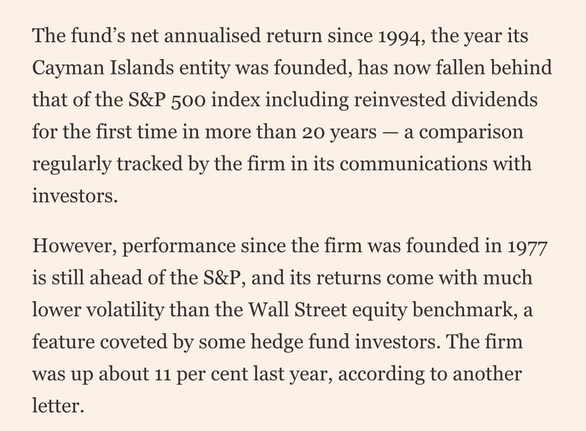 FT: Elliott seeks to reassure investors as long-term returns fall behind S&amp;P 500 [AUM is $78bn and they are raising another $7bn.]