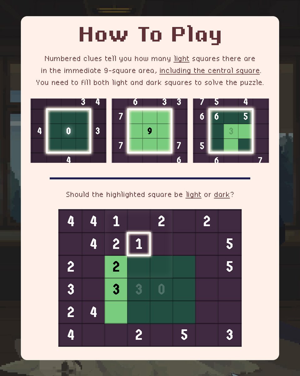 divide_plunder's tweet image. Let&apos;s test your logic skills! 🧠

In a Mosaic game, you need to make every tile either LIGHT or DARK. So… which should the highlighted 1️⃣ tile be? 🤔

Try the Mosaic of the Strange demo HERE: bit.ly/MotS_Demo

#Indiegame #indiedev #gamedev #puzzle