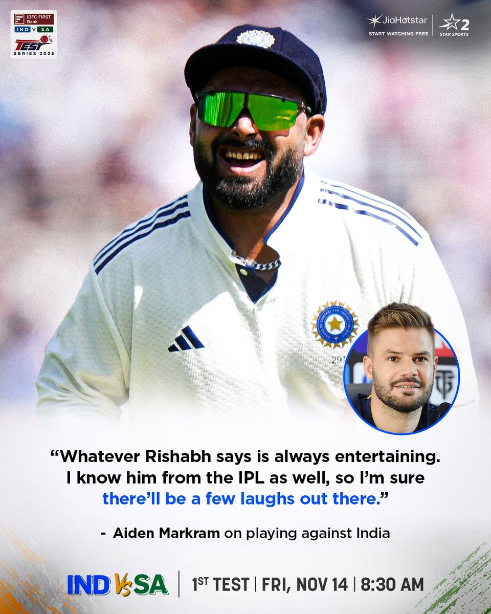 Kyunke, Rishabh-Panti toh banti hai! 😎🗣️

#RishabhPant is all set to return after an injury &amp; #AidenMarkram is excited for it. 🤣

#INDvSA 👉🏻 1st Test | FRI, 14 NOV | 8:30 AM on Star Sports Network &amp; JioHotstar