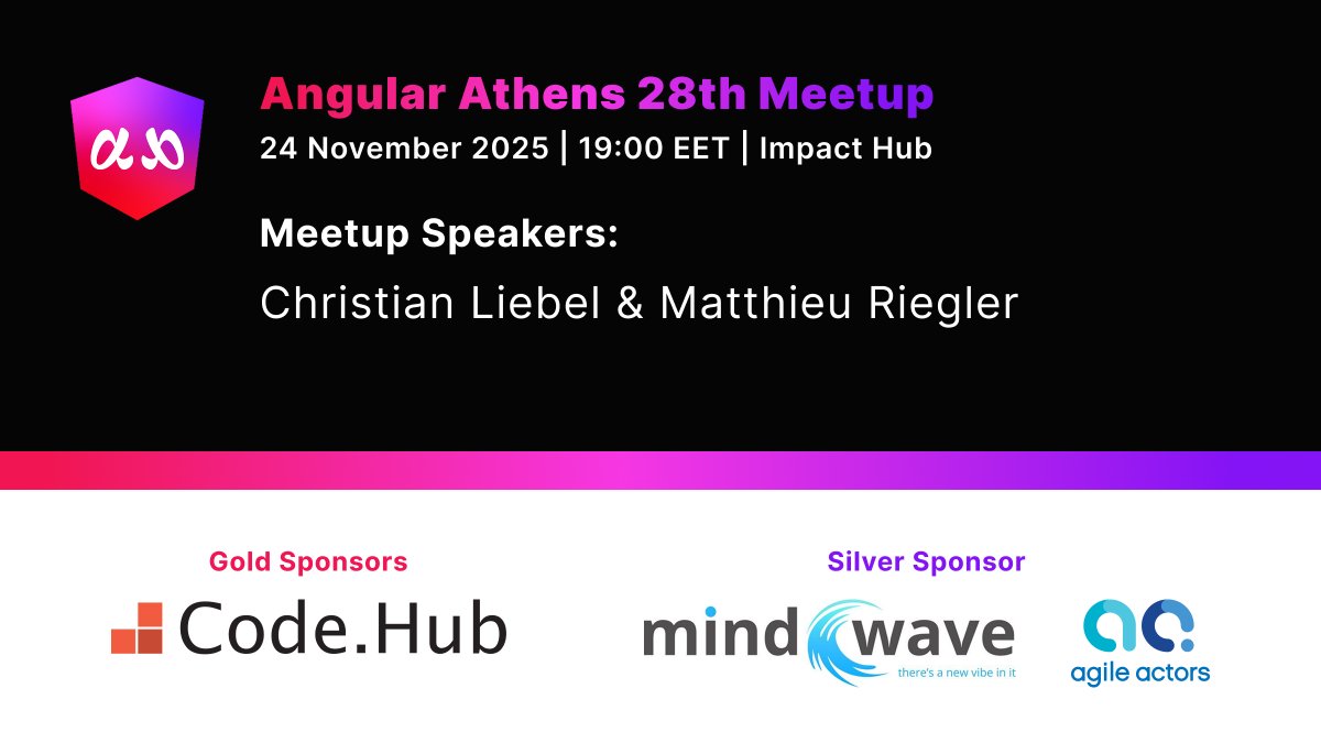 AthensAngular's tweet image. 🎉 Announcing the 28th Angular Athens Meetup!

🎤@christianliebel(GDE)  &amp;amp; @Jean__Meche (@angular  Core Team) 

Huge thanks to our sponsors: Codehub, Mindwave &amp;amp; Agile Actors!

📅 Nov 24, 7 PM 
📍 Impact Hub Athens 
🔗 RSVP: meetup.com/angular-athens…

#angularathens #meetup