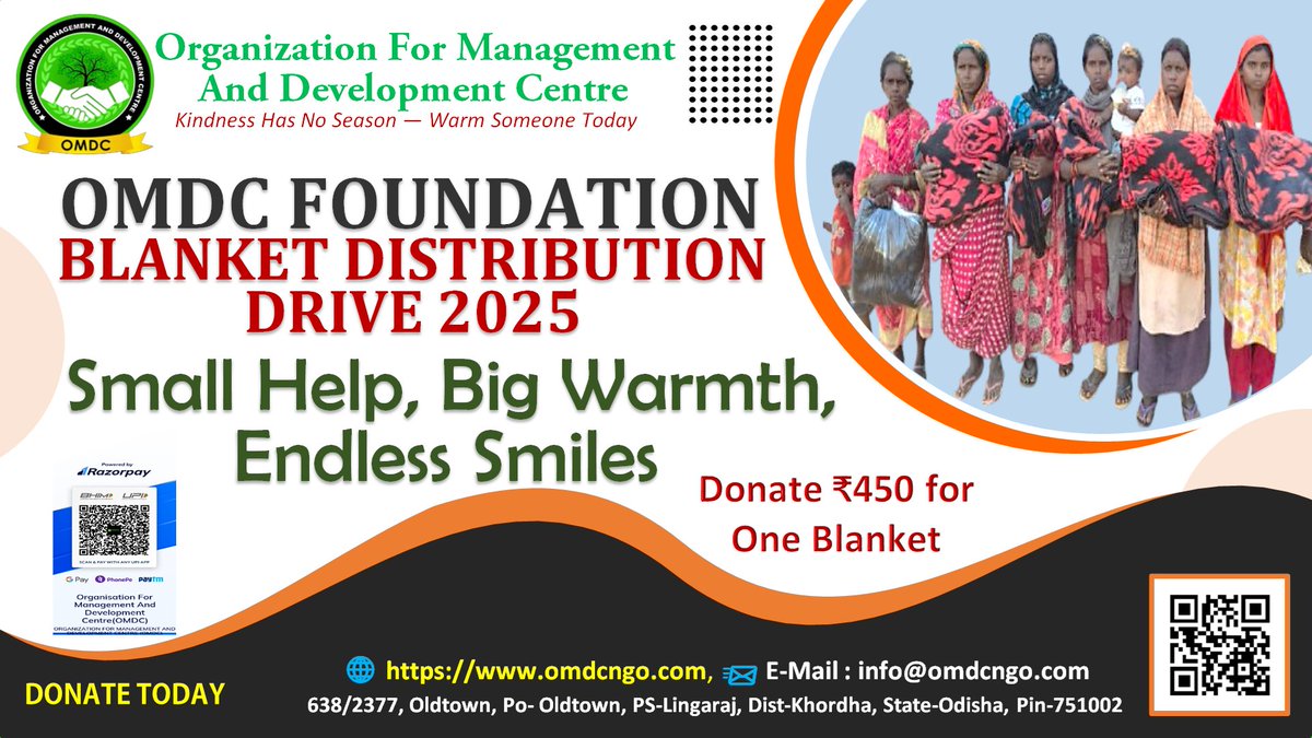 FoundationOmdc's tweet image. Organization For Management And Development Centre (OMDC)
Kindness Has No Season — Warm Someone Today

OMDC FOUNDATION BLANKET DISTRIBUTION DRIVE 2025

Small Help, Big Warmth, Endless Smiles
Donate ₹450 for One Blanket Today