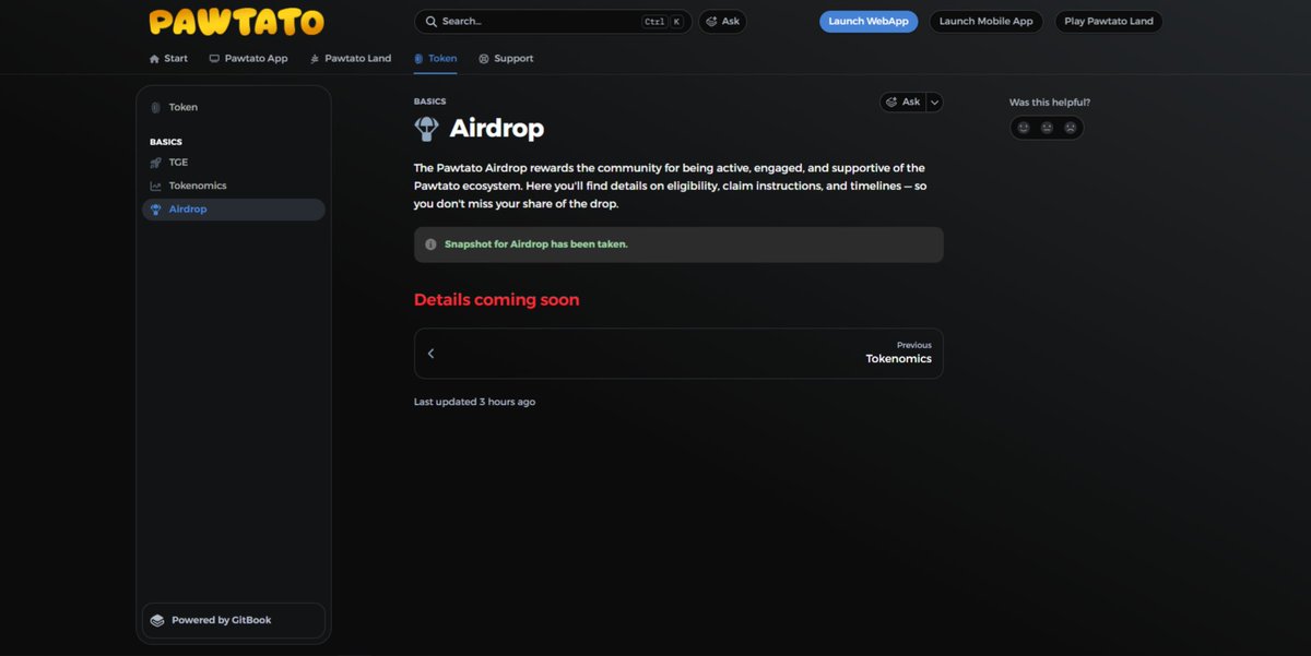 The snapshot for the $TATO airdrop by <a href="/PawtatoFinance/">Pawtato Finance | Sui</a> has officially been taken.

A major milestone as we move closer to TGE.

Fair-launch, no private sale, no VC allocation — and now, rewarding the community.

A launch done right — transparent, community-focused, and built for