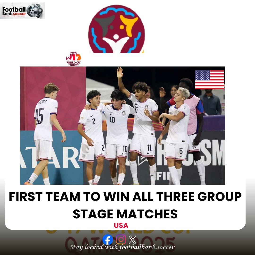 footballbankHQ's tweet photo. “FIRST TIME IN HISTORY
Moments Changing the U-17 World Cup Forever”
🇺🇸 FIRST TIME EVER!
The USA @USYNT wins all three group-stage matches at the U-17 World Cup.
Dominant. Disciplined. Dangerous.
Round of 32 next. 🌪️
#U17WC #FirstTimeInHistory #USA #FIFAWorldCup