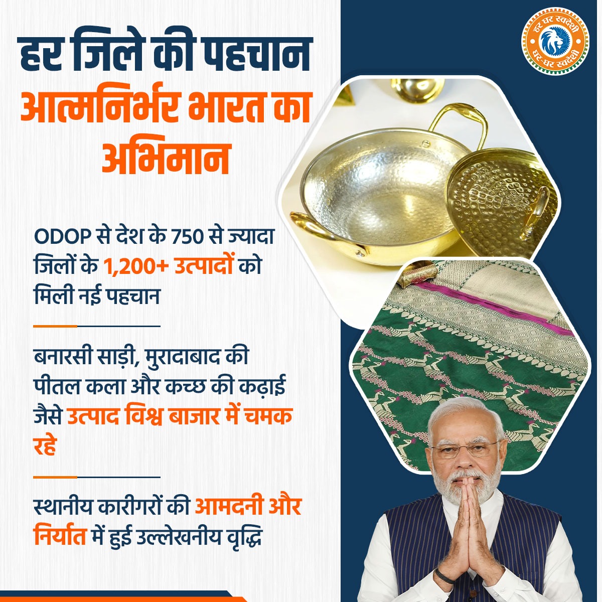 हर जिले का हुनर, अब दुनिया में चमक रहा है! 🇮🇳

ODOP के जरिए भारत के 750+ जिलों के 1200 से अधिक उत्पादों को मिली नई पहचान।

बनारसी साड़ी से लेकर मुरादाबाद की पीतल कला तक — अब हर कारीगर की मेहनत बन रही है आत्मनिर्भर भारत की शान।

#GharGharSwadeshi