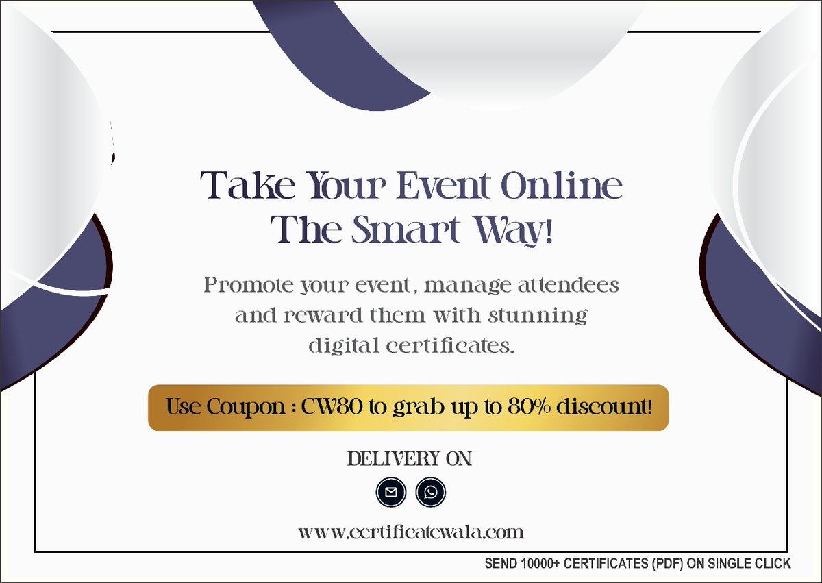 certwala's tweet photo. Promote Your Event, Manage Attendees &amp; Deliver Stunning Digital Certificates - All in One Click!
Go Smart with CertificateWala - Send 10,000+ Certificates Instantly!
Use Coupon: CW80 to Grab Up to 80% OFF and Send Certificates via Email &amp; WhatsApp- Offer Valid Till 25 Nov 2025! https://t.co/imKXlag9Ct