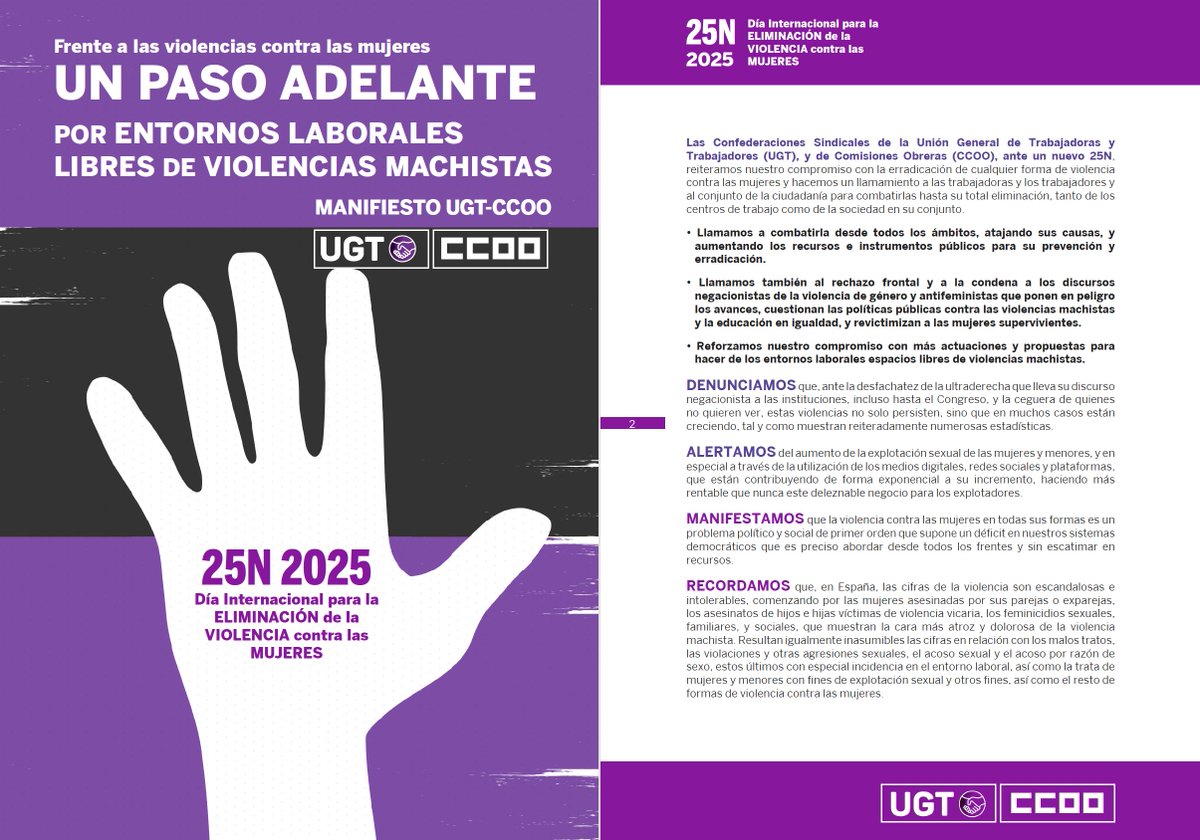 CCOO's tweet image. 🟣 Frente a las violencias contra las mujeres: un paso adelante por entornos laborales libres de violencias machistas  

📃Manifiesto de CCOO y UGT en el Día Internacional para la eliminación de la violencia contra las mujeres.

📢 Llamamos a los trabajadores y trabajadoras y al…