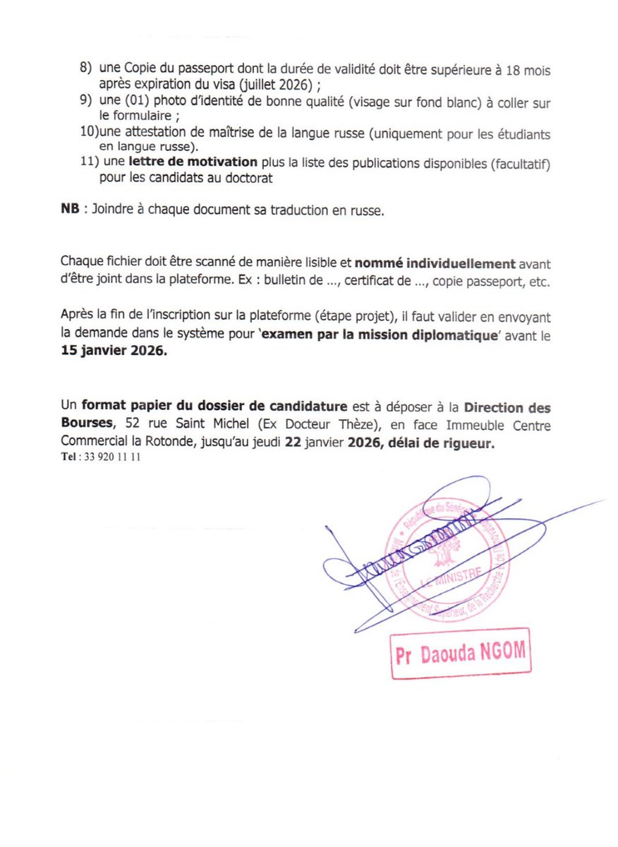 (130) bourses d'études pour l'admission
des étudiants sénégalais dans les établissements russes d'enseignement supérieur au titre de l'année académique 2026-2027.

#Mesri #bourses