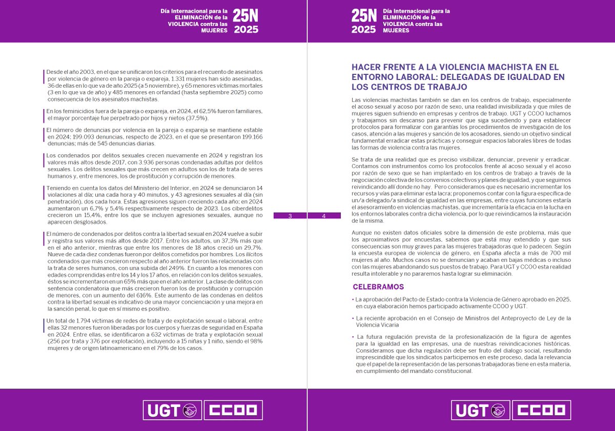CCOO's tweet image. 🟣 Frente a las violencias contra las mujeres: un paso adelante por entornos laborales libres de violencias machistas  

📃Manifiesto de CCOO y UGT en el Día Internacional para la eliminación de la violencia contra las mujeres.

📢 Llamamos a los trabajadores y trabajadoras y al…