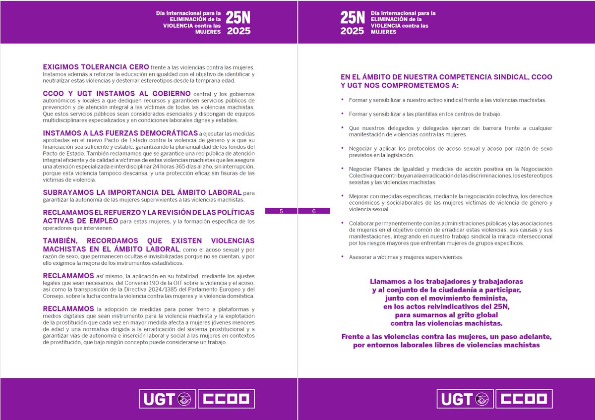 CCOO's tweet image. 🟣 Frente a las violencias contra las mujeres: un paso adelante por entornos laborales libres de violencias machistas  

📃Manifiesto de CCOO y UGT en el Día Internacional para la eliminación de la violencia contra las mujeres.

📢 Llamamos a los trabajadores y trabajadoras y al…