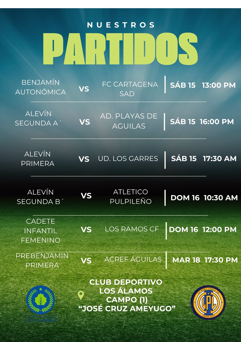 ⚽️¡ Nueva semana de fútbol con La Peña Lorca C.D. en el Club Deportivo Los Álamos! ⚽️
💪💪Ven a apoyar a nuestros jóvenes talentos en los partidos de esta semana.