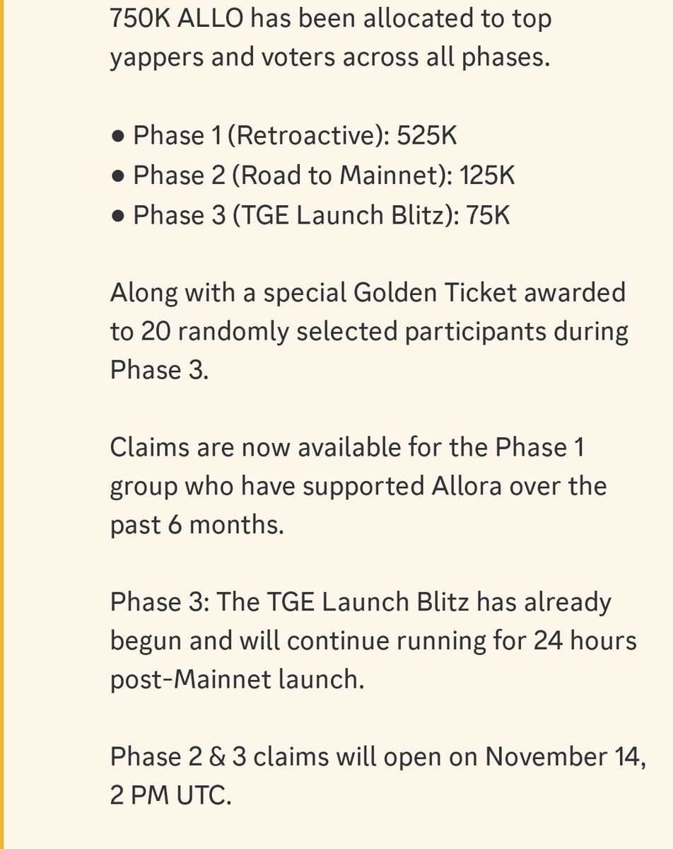 Allora Reward Breakdown

<a href="/AlloraNetwork/">Allora</a> Gave Total 750K $ALLO to Kaito.

The full yapper allocation is finally clear 👇

• Phase 1 ( Retroactive ) 525K Allo

• Phase 2 ( Road to Mainnet ) 125K Allo

• Phase 3 ( TGE Launch Blitz That 24 hrs campaign ) 75K Allo

a Golden Ticket