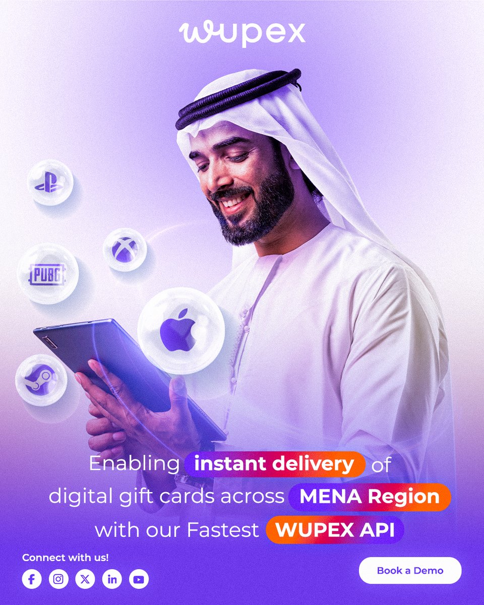 wupexcom's tweet photo. Delivering speed, trust, and innovation across the MENA region ⚡
WUPEX empowers businesses with instant API connectivity for seamless digital gift card delivery — from PlayStation to Apple and beyond.
#WUPEX #DigitalGiftCards #MENARegion #GiftCardDistributor #Fintech #Gaming https://t.co/JlhV7uRx3s