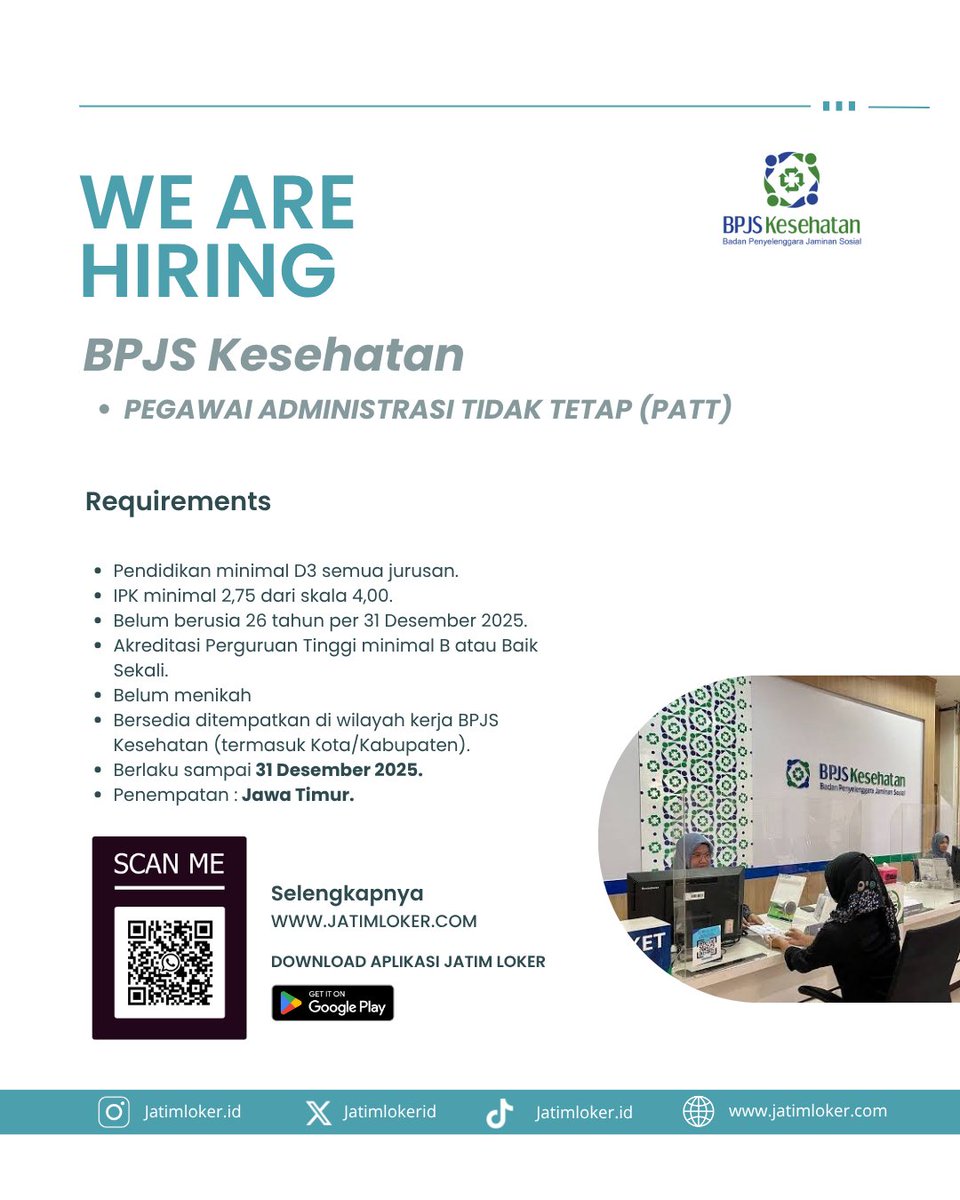 Jatimlokerid's tweet photo. Lowongan kerja BPJS Kesehatan dengan penempatan di Jawa Timur. Informasi selengkapnya silahkan buka Website Jatim Loker.

Jangan lupa follow akun IG kami untuk mendapatkan info seputar loker jatim.
#loker #lokerjatim #lokerjatim2025 https://t.co/bOxTlry1D9