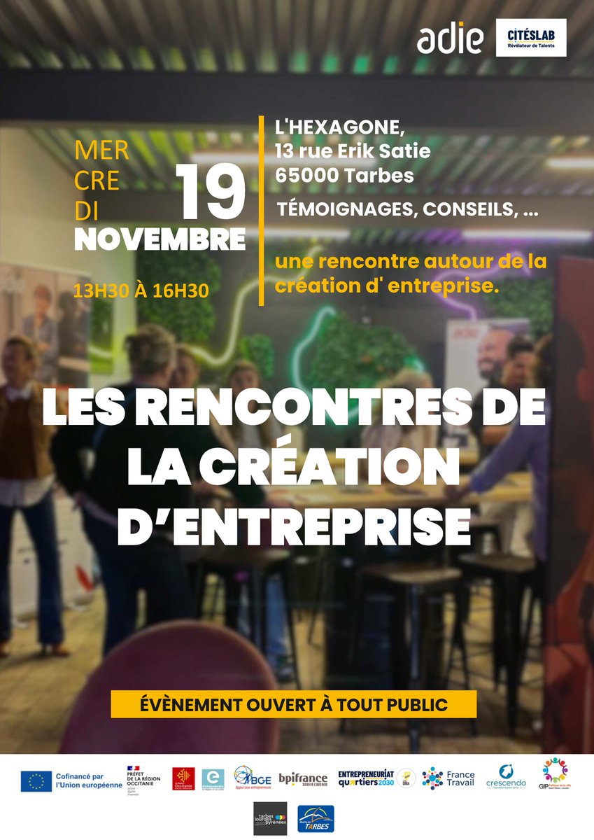 𝐋𝐞𝐬 𝐫𝐞𝐧𝐜𝐨𝐧𝐭𝐫𝐞𝐬 𝐝𝐞 𝐥𝐚 𝐜𝐫𝐞́𝐚𝐭𝐢𝐨𝐧 𝐝'𝐞𝐧𝐭𝐫𝐞𝐩𝐫𝐢𝐬𝐞
L'ADIE et CITELABS s'associent  pour la promotion de l’entrepreneuriat dans les quartiers prioritaires de la ville en organisant un Café des créateurs avec différents partenaires, le 19 novembre 2025.