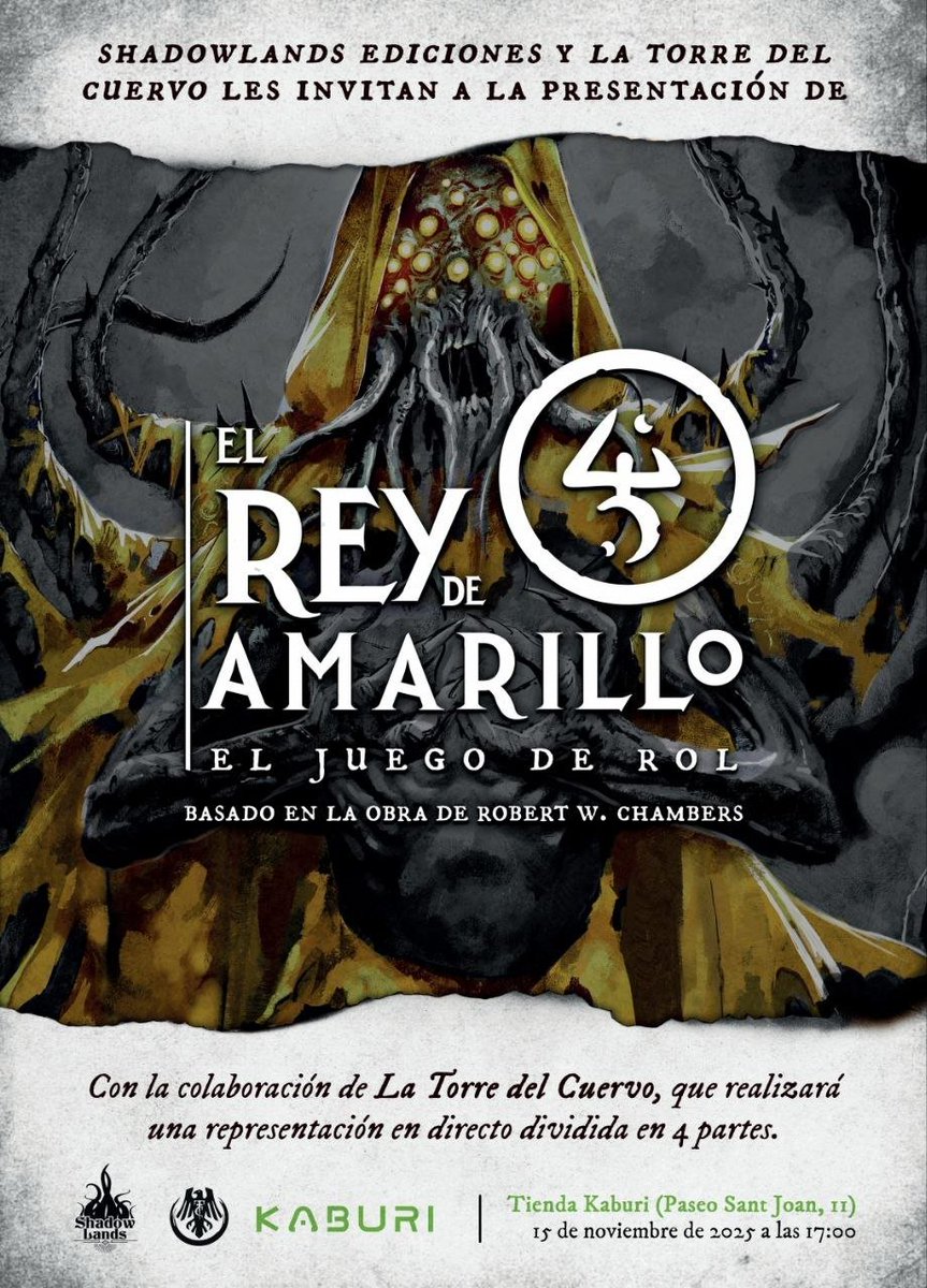 Este sábado a las 17:00 los amigos de la <a href="/TorredelCUERV0/">La Torre del Cuervo SciFi Grimdark</a> unirán fuerzas con <a href="/Shadowlandsed/">Shadowlands</a> para hacer una representación en directo que mezclará narración, interpretación y locura sensorial. La ceremonia tendrá lugar en <a href="/kaburigames/">Kaburi Rol & Games</a>  🔥
