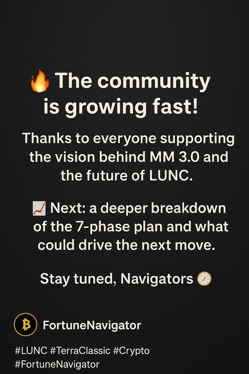 FortuneNavigato's tweet photo. 🔥 The community is growing fast!
Thanks to everyone supporting the vision behind MM 3.0 and the future of LUNC.

📊 Next: a deeper breakdown of the 7-phase plan and what could drive the next move.

Stay tuned, Navigators 🧭
#LUNC #TerraClassic #Crypto #FortuneNavigator https://t.co/kZw7XrSS38