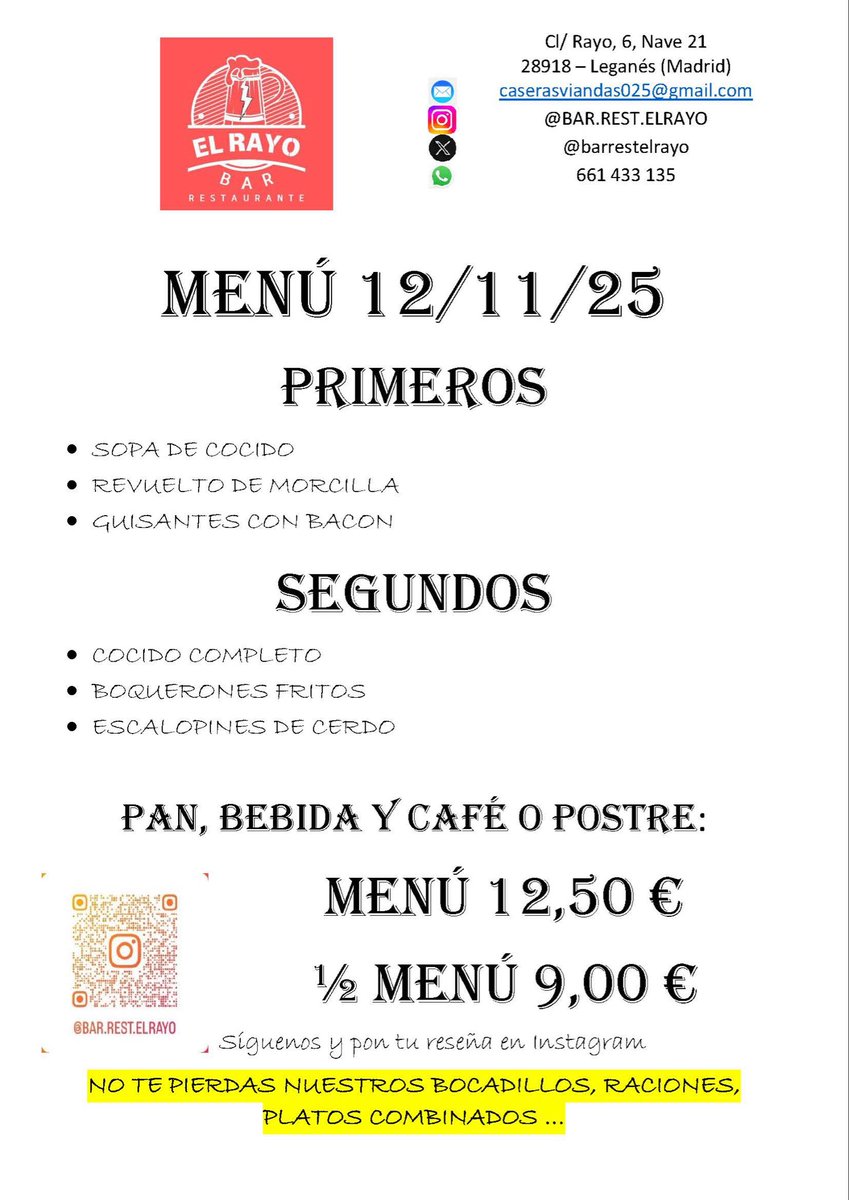 barrestrelrayo's tweet photo. Menú del 12/11/25 https://t.co/Wjnf9heoOc