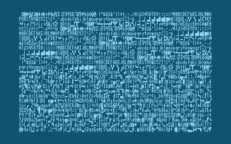 80 column text mode

Created using multicolor 4x8 text cells, with 4x8 font data mapped to `00` and `11` colors.