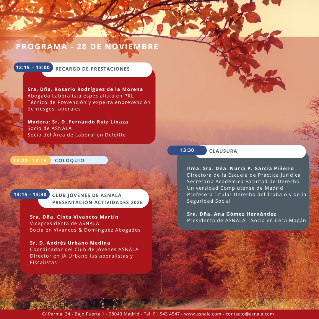 📚🔝 ¡Ya puedes apuntarte a la #VIIIJornadaOtoñoASNALA!

📆 28/11/2025
📍 <a href="/epjcomplutense/">Escuela de Práctica Jurídica de la UCM</a> 
🙌 Con el apoyo de <a href="/lhhspain/">LHH</a> 

Profundizaremos en tres pilares del sistema #laboral de la mano de grandes expertos:
⚙️Régimen de #autónomos y su marco prestacional. A cargo de <a href="/marenas_/">miguel arenas</a>,