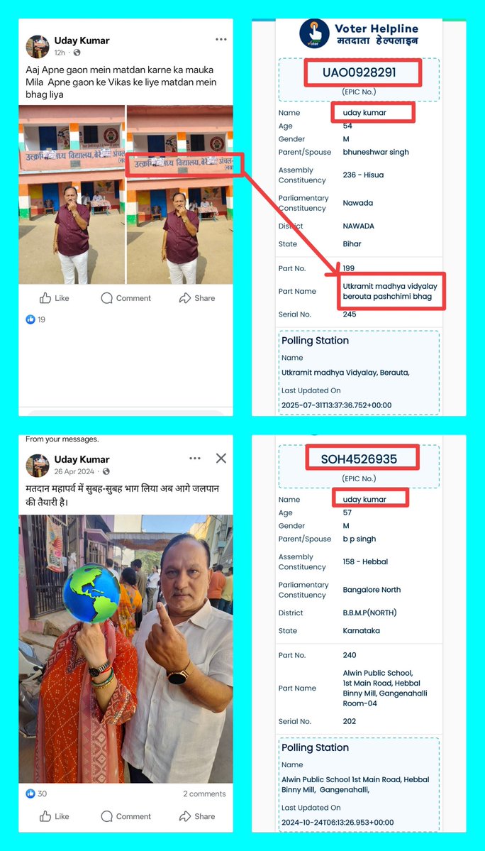 zoo_bear's tweet image. Meet Mr. Uday Kumar, a BJP member, who along with his family has been residing and voting in Bengaluru for years. Recently, he travelled to his native village in Nawada to cast his vote in Bihar as well. Uday Kumar and his wife had already voted in Bangalore North, and now he…