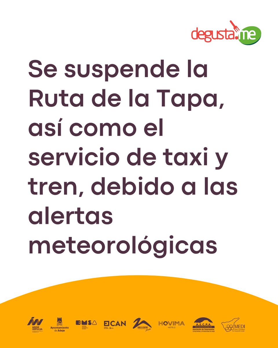 ⚠️ Desde el área de Empresas del Ayuntamiento de Adeje, informamos de que hoy se suspenderá la Ruta de la Tapa, así como el servicio de tren y taxi gratuito, debido a las alertas meteorológicas.

Continuaremos informando sobre la situación para los próximos días.