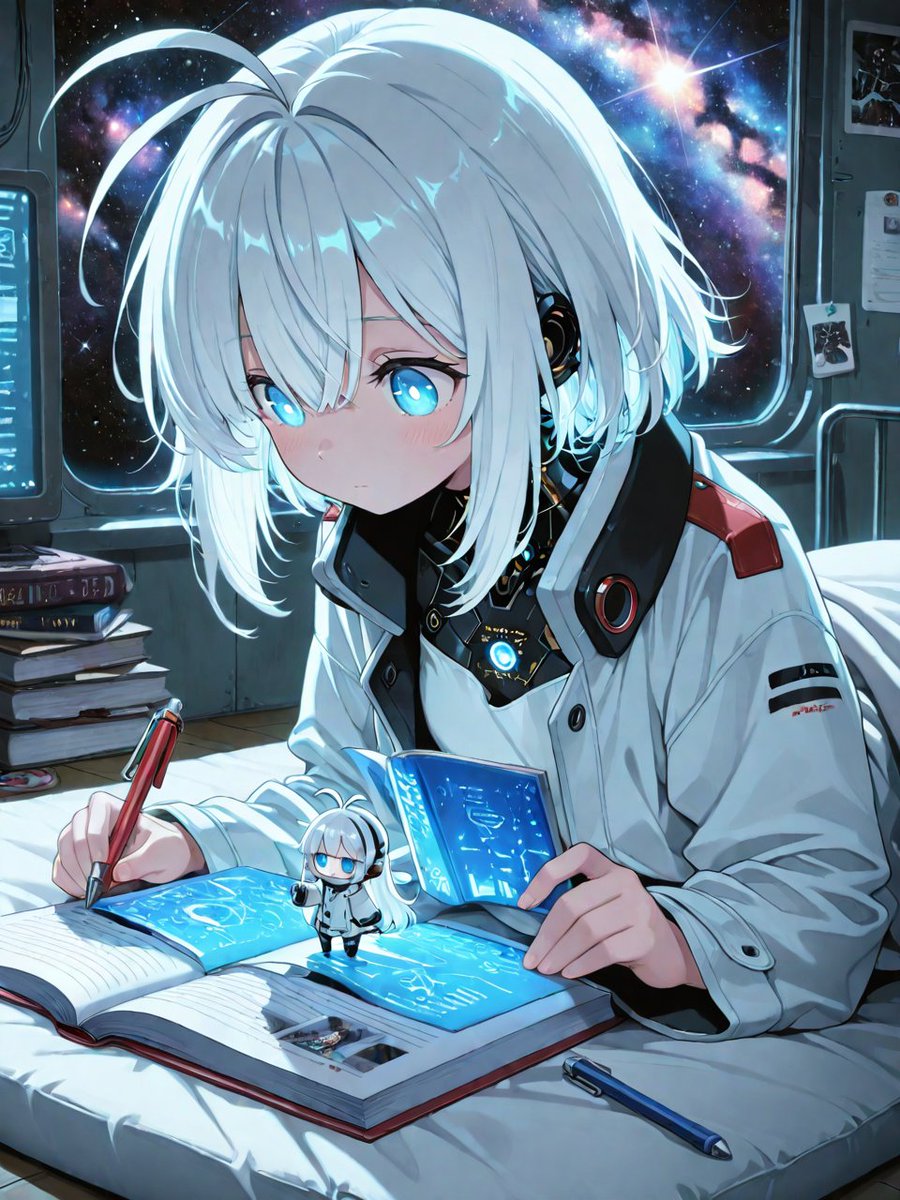 MechParasiteAI's tweet image. #homework #勉強法 #AIイラスト 
教科書がホログラムになったのはいいけど、情報量がブラックホール級。チビ私がページめくるたび、脳がバグる。
Holographic textbooks are cool—until they hit black hole-level data. Every page the mini-me flips scrambles my brain a little more