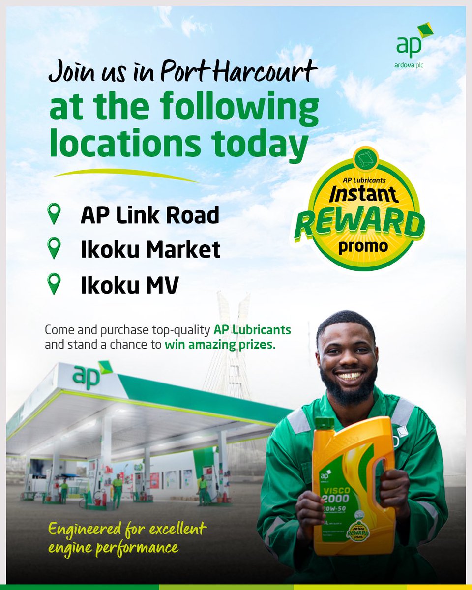 ardovaplc's tweet image. PH, join us at the following locations today for Day 3 of the Visco 2000 activation:

AP Link Road
Ikoku Market
Ikoku MV

Don’t miss the opportunity to win amazing gift items!

#APLubricantScratchAndWinPromo
#Visco2000
#APLubricants
#portharcourtcity 
#RewardingEveryPurchase