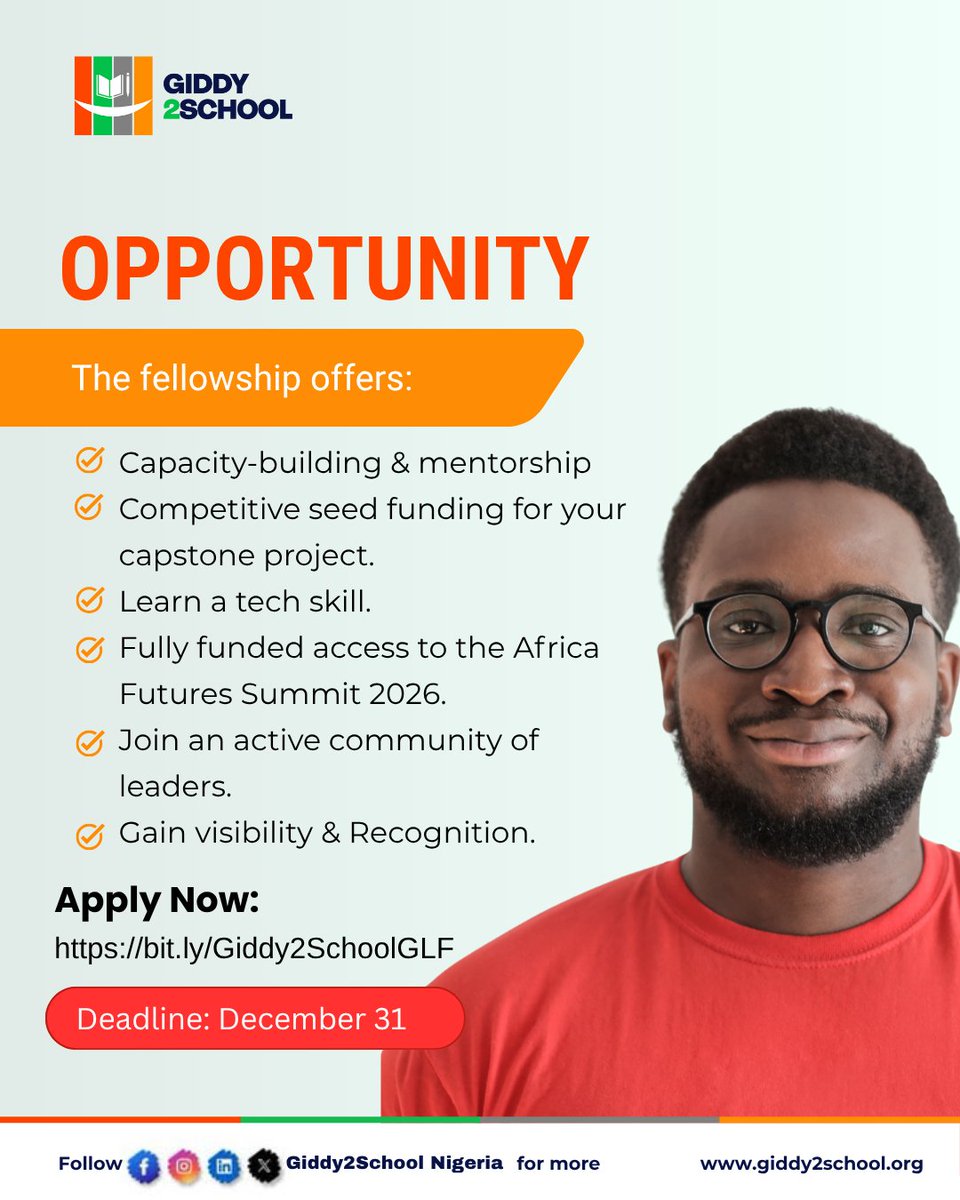 Giddy2School's tweet photo. 𝗔𝗣𝗣𝗟𝗜𝗖𝗔𝗧𝗜𝗢𝗡𝗦 𝗡𝗢𝗪 𝗢𝗣𝗘𝗡! 🔊
Join a 12-week hybrid program where leadership meets innovation &amp; education meets empowerment.

Gain global exposure + entrepreneurial skills to lead with impact.

👉 Apply: https://t.co/xhmCUaN1O7 
 
#GGLF
#YouthLeadership https://t.co/zXJ0KYBhD7