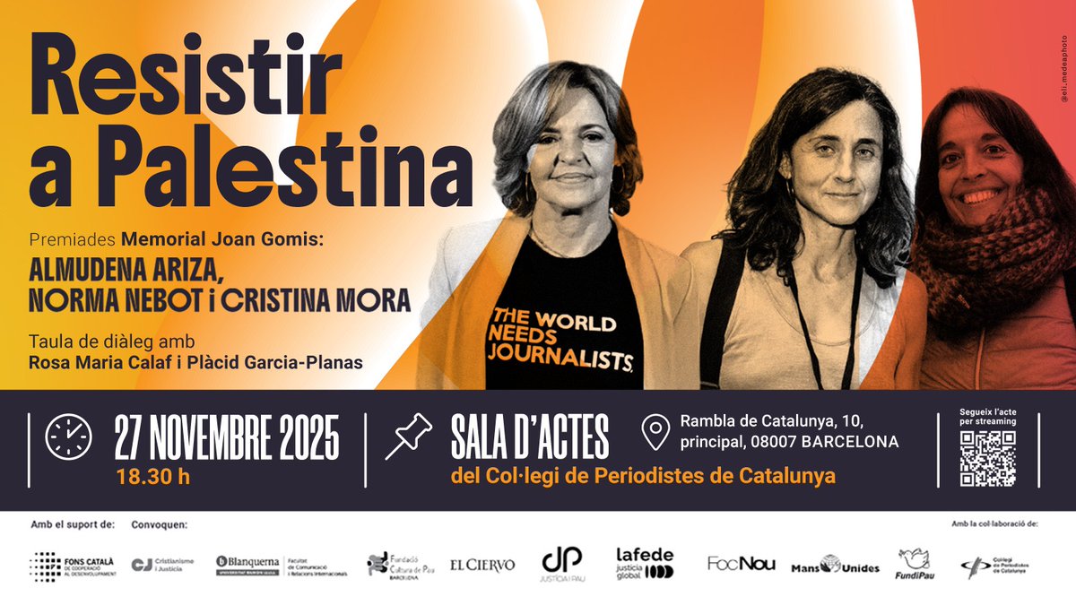 L'acte comptarà amb una Taula de diàleg titulada "20 anys de periodisme solidari", on comptarem amb la presència dos antics guanyadors del Memorial Joan Gomis: Rosa Maria Calaf i Plàcid Garcia-Planas.

🗓️Dijous 27/11. 18:30 h. Acte obert i gratuït al <a href="/periodistes_cat/">Col·legi de Periodistes de Catalunya</a>