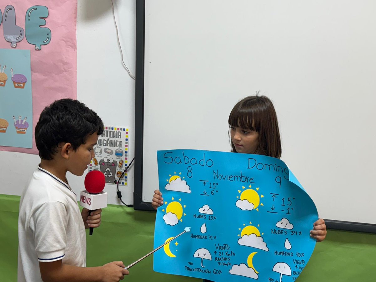 CCsanpascual's tweet photo. Hoy los alumnos de 4 de EP se han convertido en los niños del tiempo y han realizado su propia predicción sobre el tiempo qué hará este fin de semana en la localidad de Aranjuez 🌈☀️☔️🌡️🌧️ https://t.co/ziwurua5hW