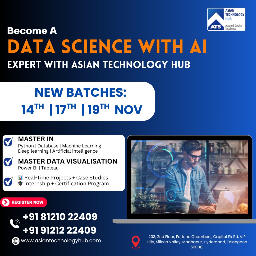 ATS_TechHub's tweet image. 🚀 New Data Science Batches: 14th | 17th | 19th Nov
🎓 Master Python, ML, AI, Power BI &amp;amp; Tableau
💡 Real-time Projects + Internship + Certification
📍 Madhapur, Hyderabad
🌐 asiantechnologyhub.com

#DataScience #MachineLearning #AI #Python #PowerBI #AsianTechnologyHub