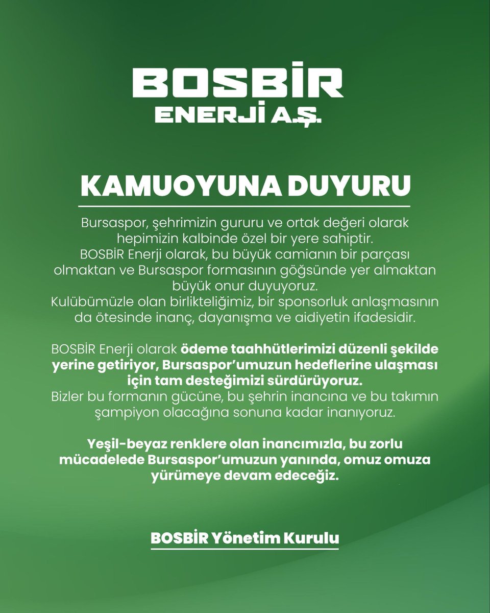 Bursaspor sadece bir futbol takımı değil, hepimizin hayatına dokunan, bu şehrin ortak değeridir.

Ancak unutmamalıyız ki büyük hedefler doğrultusunda takım ve yönetim üzerinde oluşan baskı, bu büyük camianın önünü açmaz, sadece gücünü zayıflatır.

Bursaspor, bu şehrin yıllardır