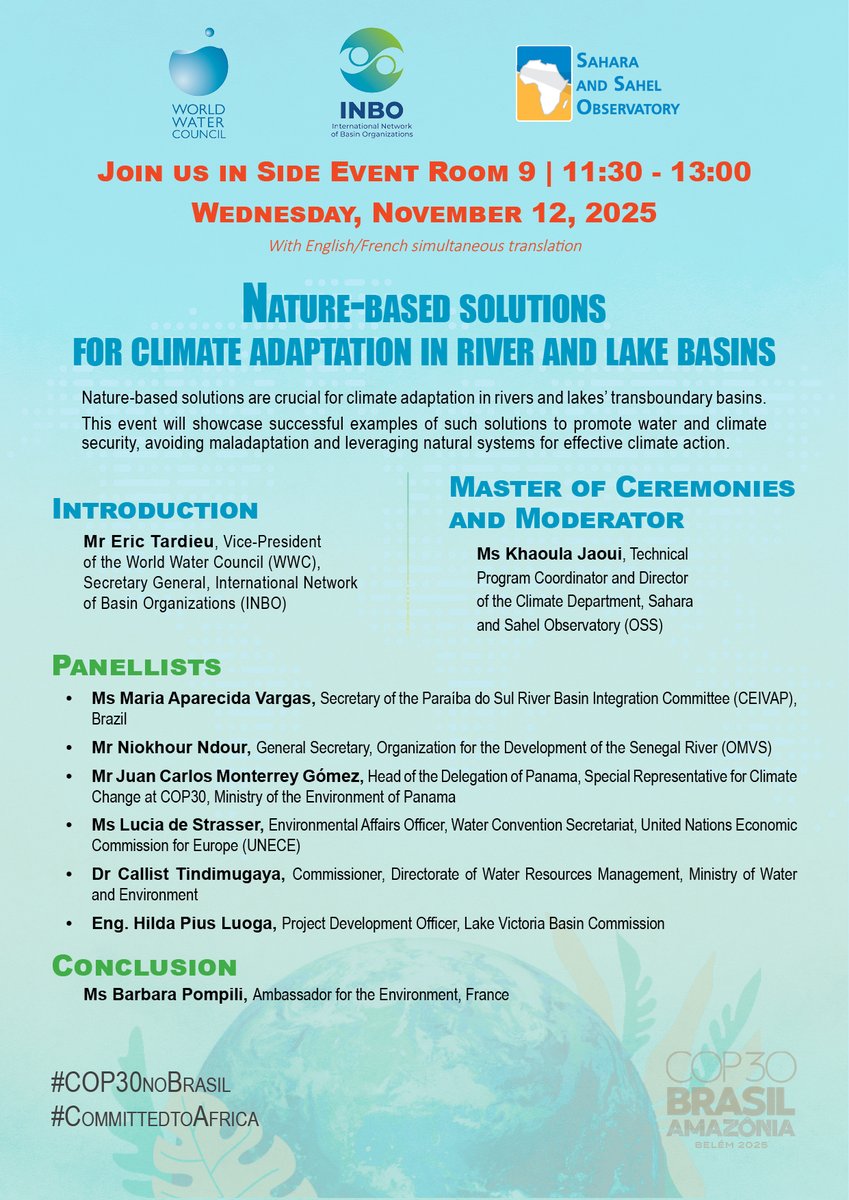 OSS_Comms's tweet image. In just 3 hours, join us in Side Event Room 9 at #COP30 to explore how nature-based solutions strengthen #climate #resilience in #transboundary #basins.
🕒 11:30–13:00 | 🔊 EN/FR Translation available