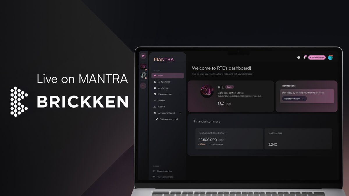 Brickken's tweet image. Brickken is now live on @MANTRA_Chain  

This deployment marks a new step forward in institutional-grade tokenization, adding compliant and scalable RWA infrastructure to MANTRA’s ecosystem.

By leveraging @Brickken’s institutional stack and whitelabel platform, the integration…