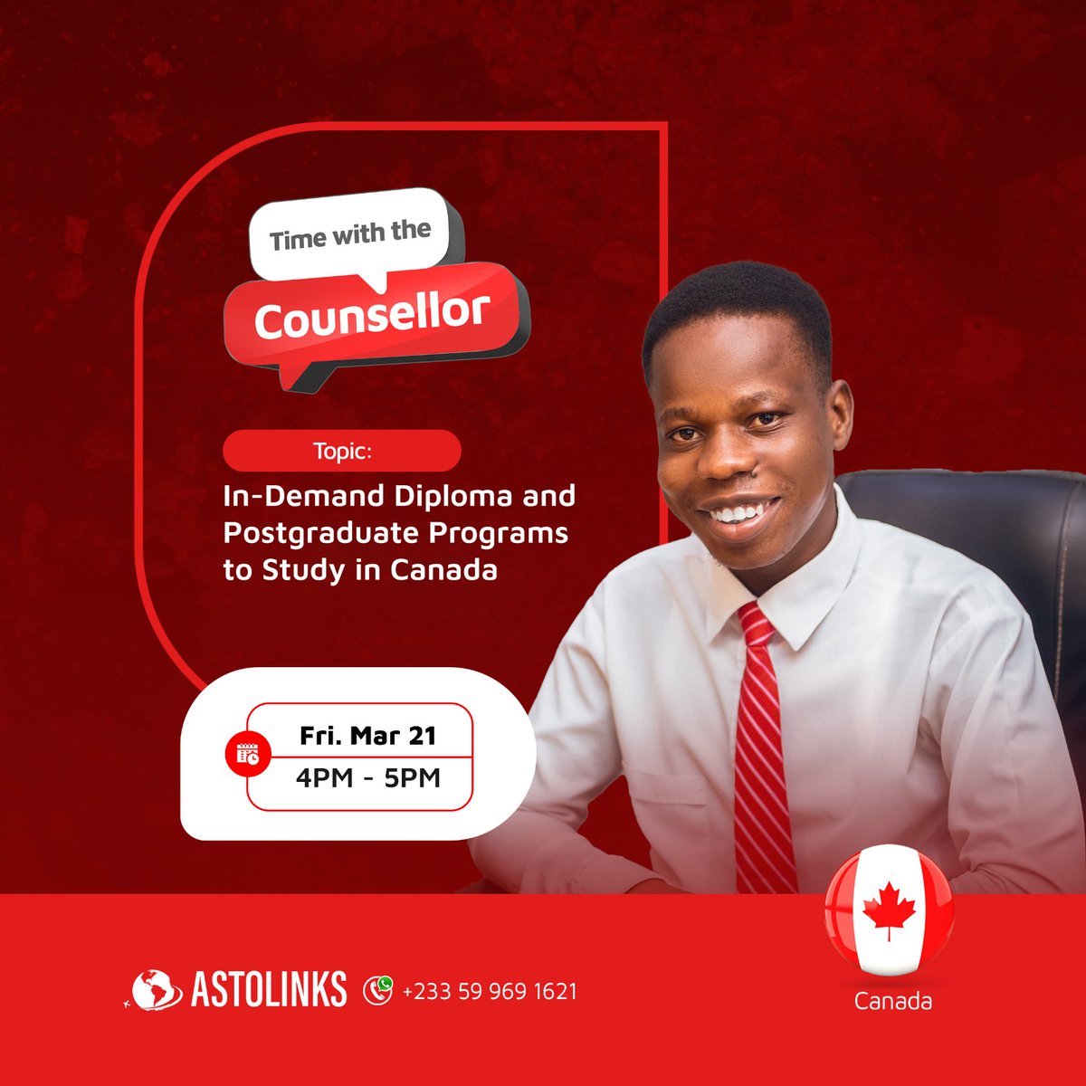 AstolinksInt1's tweet photo. 2026 study plans? Let's make them real! 🇨🇦 Join Mathew at 4 pm on Time With the Counsellor &amp; discover Canadian programs with post-grad work opportunities! ✨ Gain real Canadian work experience &amp; boost your career! 

 #StudyAbroad #Canada #Astolinks https://t.co/7GObDwpFut