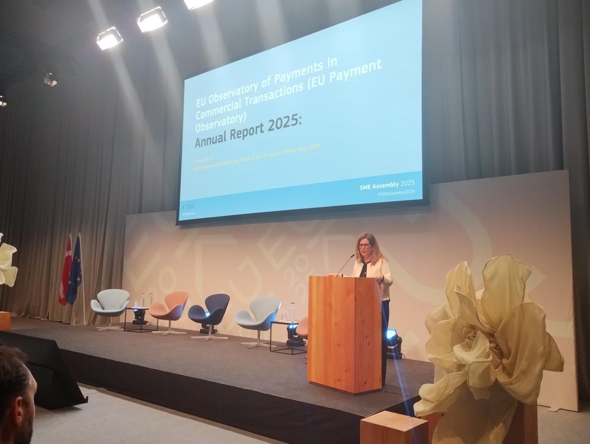 CEPS Senior Research Fellow <a href="/AlcidiCinzia/">Cinzia Alcidi</a> is in Copenhagen today at the #SMEAssembly2025! 🇩🇰

This morning, she presented and discussed the main findings of the EU Payment Observatory Annual Report 2025 at a session entitled "Ending the Wait: Securing Fair Payment Conditions for