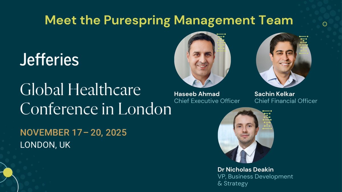 The Purespring management team will be in London next week for the <a href="/Jefferies/">Jefferies</a> London #HealthcareConference. If you will also be there and would like to discuss our targeted, first-in-class genetic therapies to preserve kidney function, please get in touch.

#KidneyDiseases